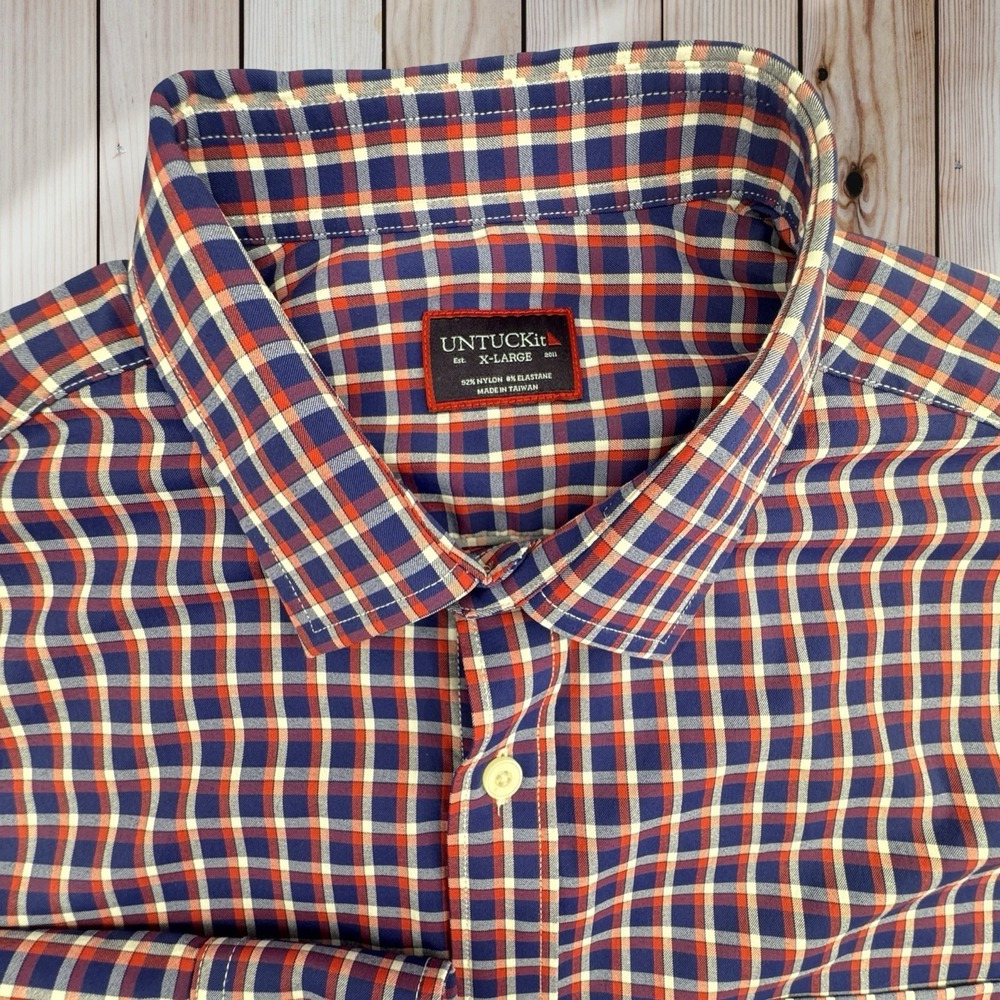 Untuckit Performance Shirt Men Large Blue Red Plaid Nylon Stretch Designer